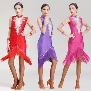 Vêtements de scène Sexy robe de danse latine femmes strass Tango Cha Salsa Samba Rumba concours robes frange Performance tenue