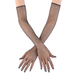 Stage Wear Sexy Net Gants Femmes Élégantes Imitation Diamant Performance Cosplay Club Party Prom Robe De Danse Longs Gants Noirs