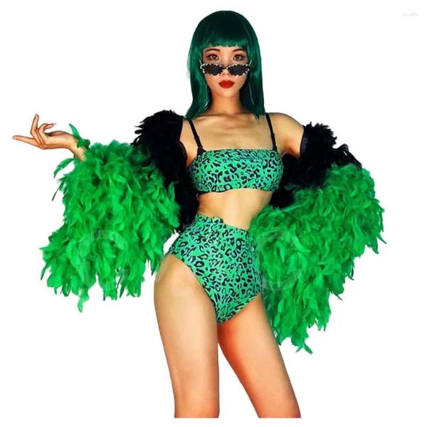 Stage Wear Sexy Discothèque Bar Gogo Costume Vert Léopard Imprimer Bikini Plume Big Manches Femmes Chanteur Danse Équipe Performance Vêtements