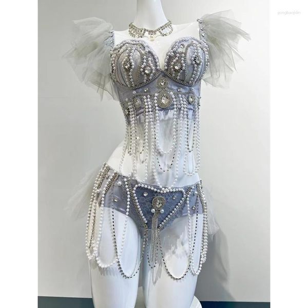 Stage Wear Sexy Discothèque Danseuse Équipe De Luxe Gris Strass Perle Bikini Tutu Mini Jupe Rave Tenues Festival De Musique Vêtements