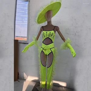 Stadium Slijtage Sexy Paaldanser Kostuums Gogo Groene Bodysuit Holle Broek Vrouwen Party Outfit Nachtclub DJ Prestaties XS7377