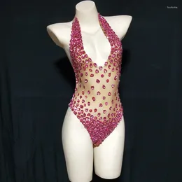 Escenario desgaste sexy rojo negro rosa diamantes de imitación transparente leotardo traje de baile bailarina traje sin respaldo noche cumpleaños celebrar body