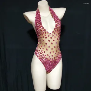 Stage Wear Sexy Rouge Noir Rose Strass Transparent Justaucorps Costume De Danse Danseur Dos Nu Tenue Soirée Anniversaire Célébrer Body