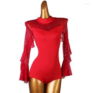 Stage Wear Sexy Red Latin Dance Leotard / Onesie Lace Split Joint Women's Performance Ballroom Tops Long Sleeve