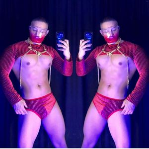 Stage Draag sexy rode paal danskostuum mannelijke tops met lange mouwen shorts kettingen nachtclub spierman gogo danser outfit rave kleding vdb4360