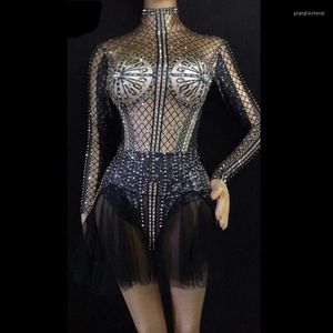 Vêtements de scène Sexy strass robe femmes noir Patchwork maille Mini soirée femmes bal anniversaire célébrer Club robes corps costume