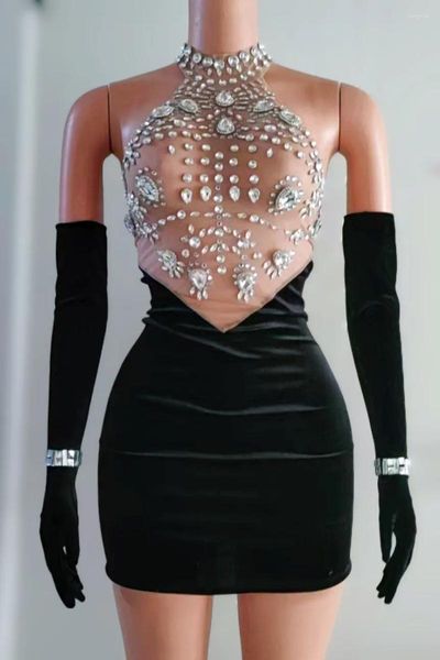 Etapa desgaste sexy diamantes de imitación vestido transparente cristales de terciopelo negro guantes traje de bailarina de noche traje de celebración de cumpleaños