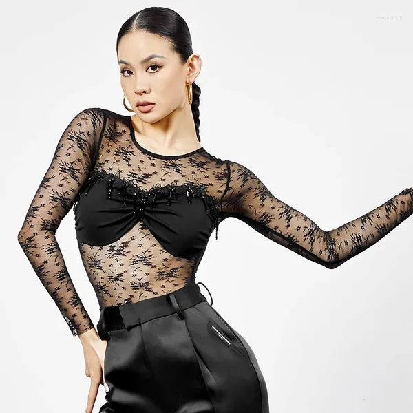 Etapa desgaste sexy transparente encaje malla tops para mujeres ropa de baile latino práctica rendimiento adulto rumba leotardo DNV19303