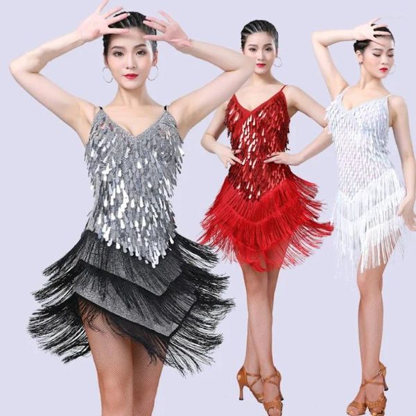 Stage Wear Sexy Paillettes Gland Robe De Danse Latine Sangle Femme Salle De Bal Cha Salsa Samba Rumba Tango