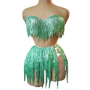 STAGE WARS SEXY SEQUINS TASSELS TUBE BANDAGE TOP deux pièces set pour les femmes Performance Dance Dance Costume Singer Dancer Show