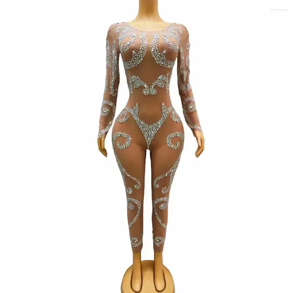 Stage Wear Sexy Brillant AB Couleur Strass Nude Transparent Combinaison Danse Body Outfit Anniversaire Performance Chanteur Club Costume