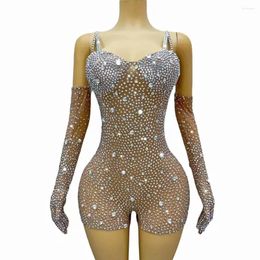 STAGE WARS SEXY SIGH Silver Rhinestones Crystals Golves Leotard Birthday Celebrate Performance Tenfit Evening Dance Team Transparent Costume