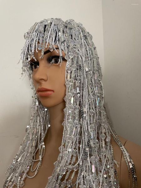 Desgaste de la etapa Sexy Silver Sequin Crystal Tassel Pelucas Mujeres Fiesta de cumpleaños Rhinestone Fringes Headwear