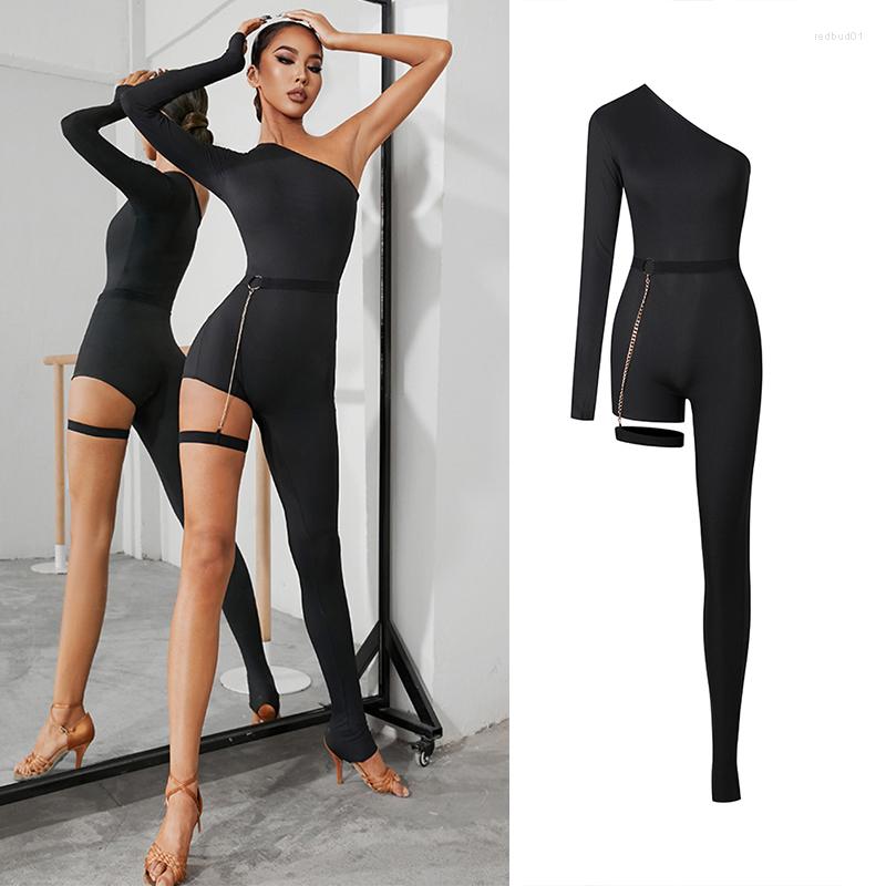 Black One-Sleeve-Leg Latin Dance Jumpsuit with Slant Shoulder Detail - Perfect for Rumba and Salsa stage door dancewear - Women's DNV17152