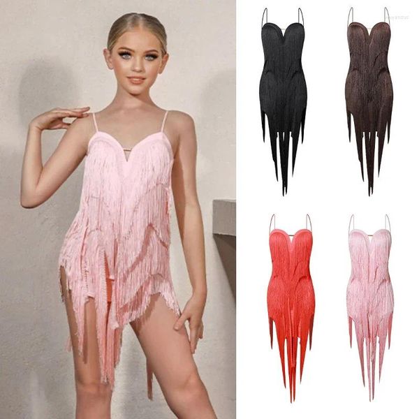 Etapa desgaste sexy resbalón vestidos de baile latino faldas niñas salón de baile vestido de competencia niños práctica tela cripto flecos completos