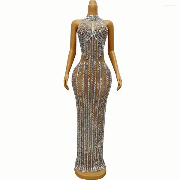 Stage Wear Sexy Sparkling Strass Robe Femme Soirée Performance Bar Hôte Halter-Col Fishtail Beauté Modèle Femme Sin