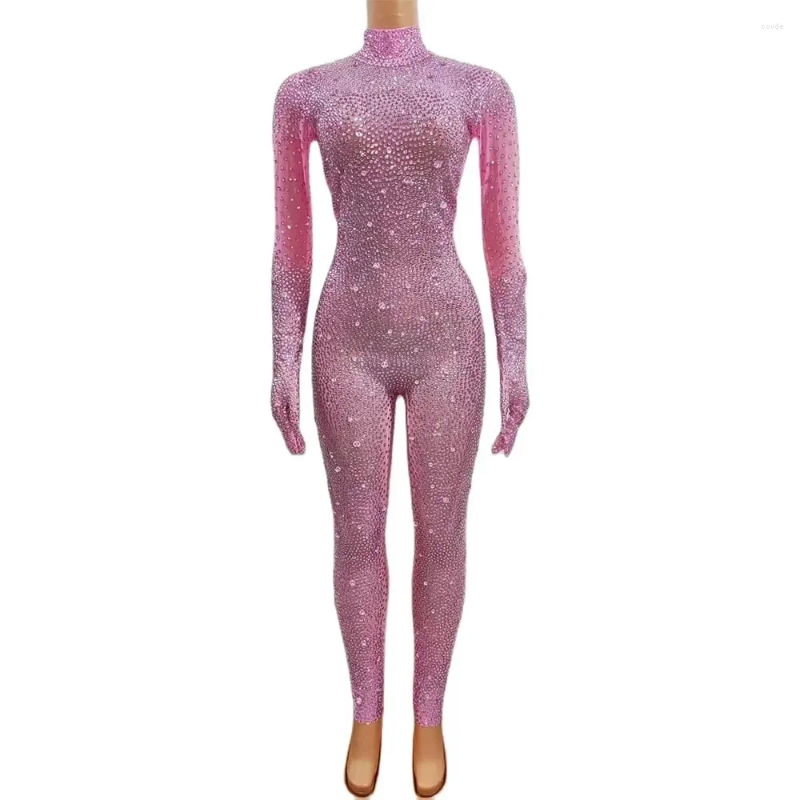 Stage Wear Sexy Sparkly Pink Rhinestone Jumpsuit With Gloves Women Birthday Celebrate Performance Costume Singer Show Poshoot