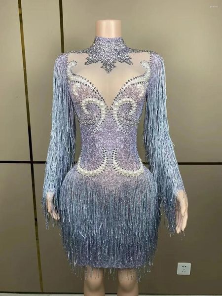 Etapa desgaste sexy brillante plata diamantes de imitación perlas gris borlas vestido estiramiento traje transparente discoteca fiesta de cumpleaños colecciones