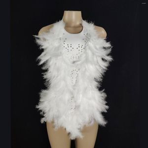 Vêtements de scène Sexy bretelles robe de plumes blanches coloré strass dos nu combinaison discothèque fête DJ Performance Costume