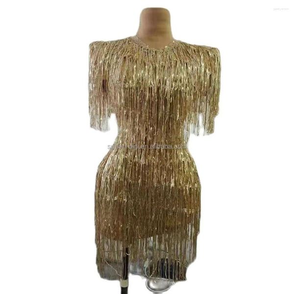 Stage Wear Sexy Tassel Club Robes de bal élastique moulante or paillettes frangées robe de soirée de mariage femmes costume de danse latine