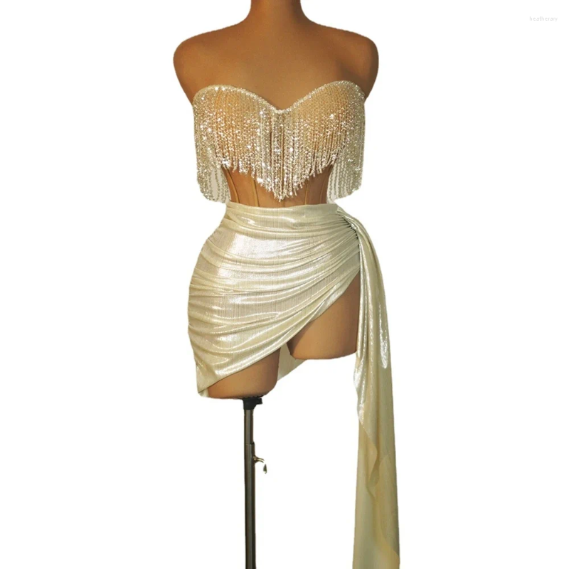 Stage Wear Sexy Tassels Tube Bandage Korte jurk voor vrouwen feestavond prom Vier Birthday Pography Singer Show