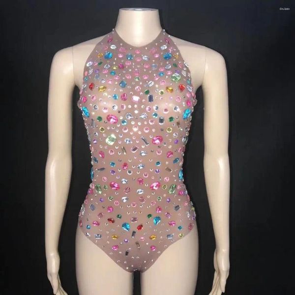 STAGE SEXY Sexy Transparent strass de travail coloré Bodys Femmes Night Club Mesh Crystal Leotard Performance Dance Costume