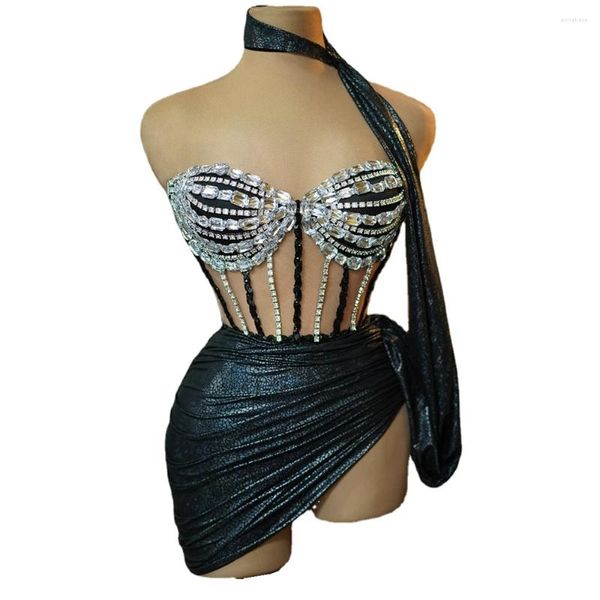 STAGE Wear Sexy Tube Bandage Robe courte 2 pièces Set Femmes Sparkly Rimestones Dîner Prom de soirée Célébrez la théâtre d'anniversaire