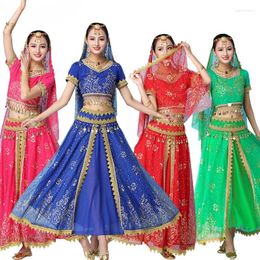 Stage Wear Sexy Women India Belly Dance Costumes Set Sari Outfit Bollywood Egypte Performance Chiffon Sequin Top Rok