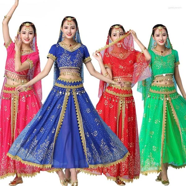 Ropa de escenario Sexy Women India Caderas de danza del vientre Conjunto de sari Bollywood Egipto Performance Chiffon Sequin Top Skirt