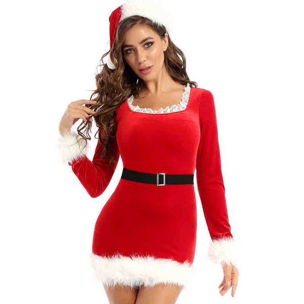 Stage Wear Sexy Femmes Robe de Noël rouge avec ceinture Chapeau Sexy Noël vient adulte Mme Santa Claus Outfit Vacances Fantaisie Cosplay Vient T220901