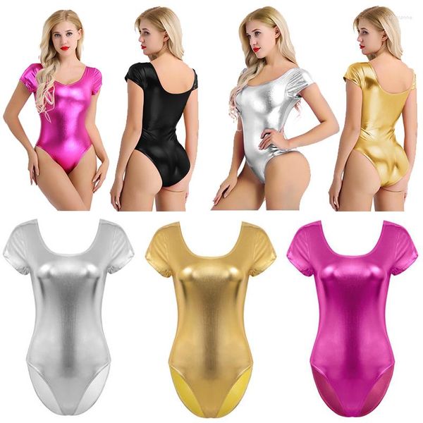 Ropa de escenario Sexy para mujer, leotardo de charol brillante, mono de manga corta de una pieza, traje de fiesta de gimnasia para adultos