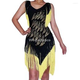 Vestimenta de palco com strass preto brilhante vestido amarelo baile de formatura de aniversário feminino sem mangas fantasia de dança latina à noite esticada