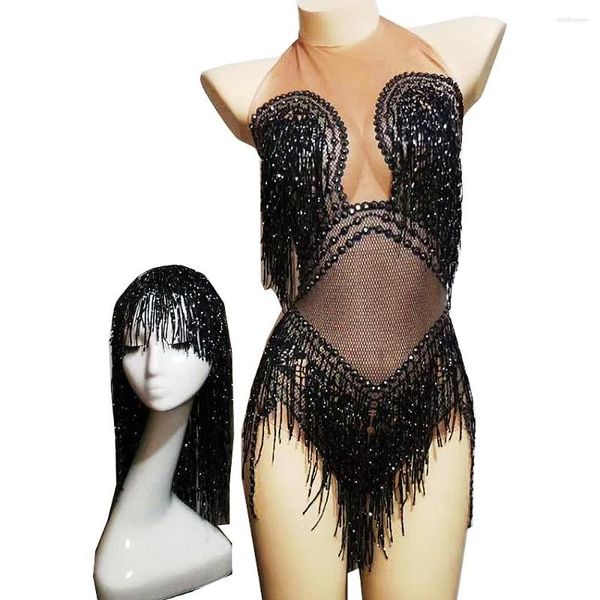 Vêtements de scène diamants brillants franges noires femmes body discothèque pôle danse soirée bal fête anniversaire célébrer Costumes