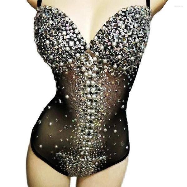 Stage Wear brillant diamants perles sans manches body pôle danse noir discothèque Showgirl Costumes soirée bal justaucorps