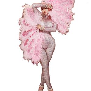 Stage Wear Shining Nude Femme Strass Paillettes Combinaisons Pole Dance Costume Perform Party Discothèque Vêtements Rave Festival