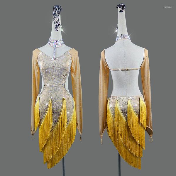 Stage Wear Shining Rhinestone Latin Dance Dress Women Golden Tassel Performance For Lady Show Sexy Fringe Fringe Falda