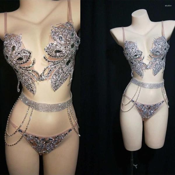 Stage Wear Brillant Strass Perles Spaghetti Strap Sexy Femmes Nude Bikini Pole Dance Costume Bar Discothèque DJ Party Vêtements