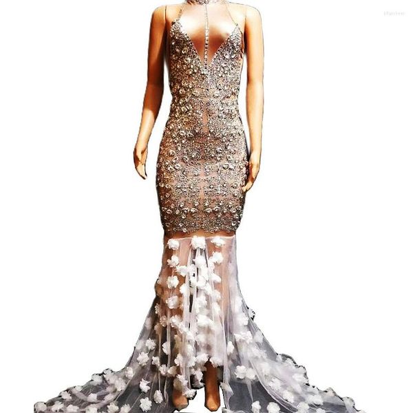 Vêtements de scène brillant argent diamants licou sans manches femmes robes couture maille Appliques longue queue mariage bal Costumes