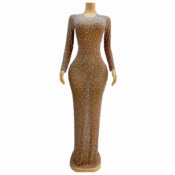 Stage Wear Brillant Argent Strass Nude Mesh Transparent Manches Longues Robe Anniversaire Célébrer Sexy Bal Voir À Travers Tenue Bailian