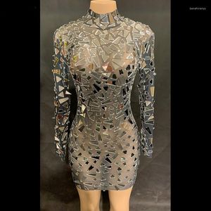 Stage Wear Shining Silver Powijnen Rhinestone Dress Women Birthday Bright Sexy Outfit Prom Vier Bling Mirrors -jurken Danskostuum