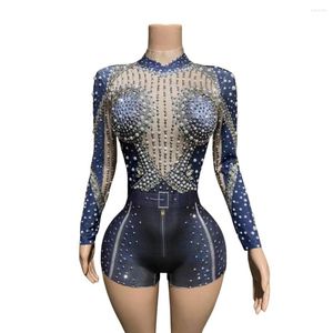 Etapa desgaste brillante con cuentas de diamantes de imitación mameluco para las mujeres de manga larga estiramiento de una pieza bodys dj noche clubwear cantante desfile traje