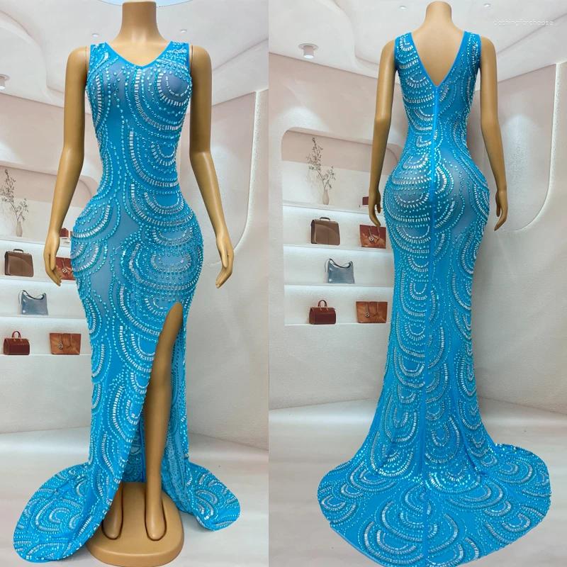 ステージウェアシリーズブルーラインストーンドレス女性パーティーイブニングドレスウェディングウェディングコスチュームフェスティバル衣装パフォーマンスXS7117