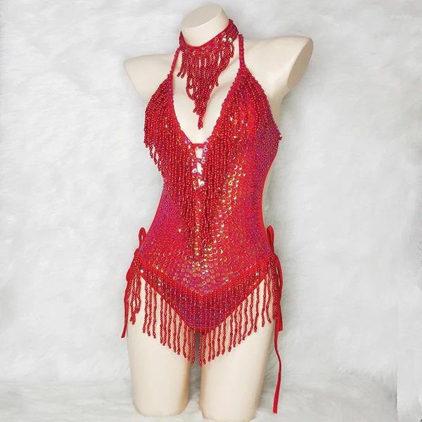 Parite de sur scène Costume brillant pour les femmes Red Per perle à paillettes Tassel BodySuit en une pièce Sexy Clubwear Party Performance Performance Dance Vêtements