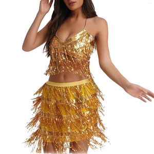Stage Wear Costume de performance de danse du ventre en or brillant, paillettes sexy enveloppées sur la poitrine, ensemble de chaîne de taille