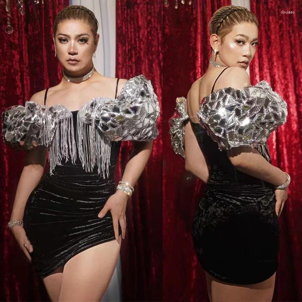 Etapa desgaste espejos brillantes mangas con flecos vestido de terciopelo mujeres fiesta vestidos de noche cumpleaños celebrar traje gogo traje xs4848