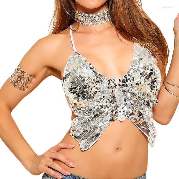 Etapa desgaste brillante sexy mujeres halter back encaje-up festival raves crop top tribal danza del vientre lentejuelas sujetador acolchado vendaje con cuentas mariposa