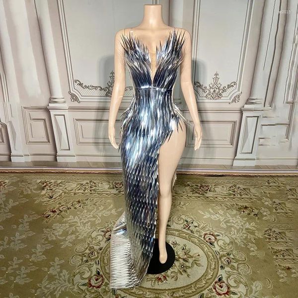 Etapa desgaste brillante plata lentejuelas largo tren tubo vestido sexy noche fiesta cumpleaños celebrar mujeres po disparar traje