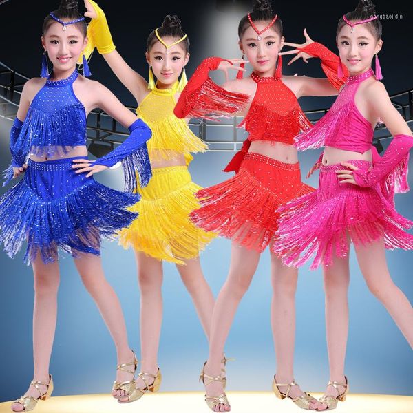 Stage Wear Brillant Glands Filles Professionnel Robe De Danse Latine Enfants Salsa Performance Costumes Compétition Patinage Danse Robes Tenues