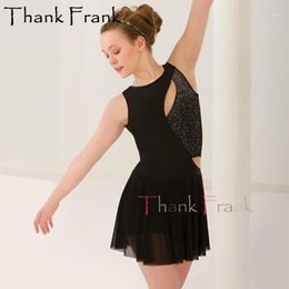 Stage Wear Shiny Velvet Lyrical Dress Femmes Adulte Sans Manches Ballet Costume Filles Noir Justaucorps Robes De Patinage Enfant Danse Costum312f