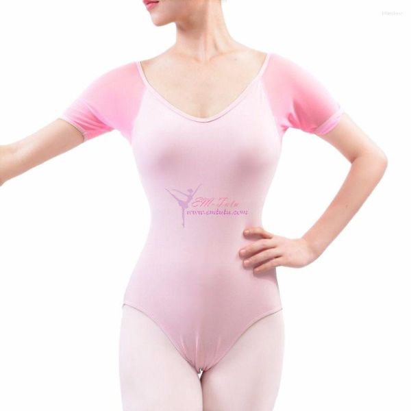 Vêtements de scène à manches courtes Ballet Dance Justaucorps Rose Mesh Spandex Lycra Gymnastique Femmes Adulte Body Vêtements